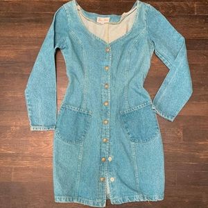 Vintage Paris Blues Mini Denim Fitted Long Sleeve Dress, Juniors Womens 90s y2k